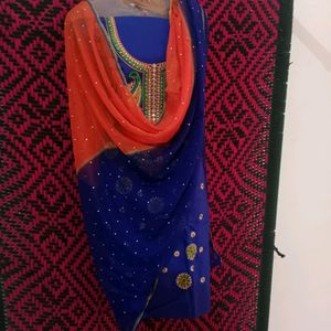Free Duppta With Unstitched Orange Contrast Blue