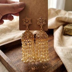 Jhumka Earrings with Long Pearls Drops