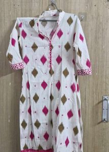 White Kurta with Pink & Brown Ikat Print
