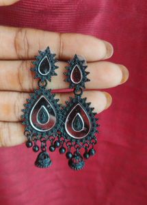 Black Drop Earrings with Jhumka Detail