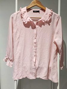 Chic Pink Ruffled Collar Button-Up Top
