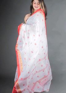 Elegant White &amp; Red  cotton tant Saree