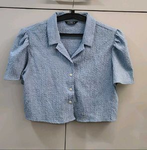 Blue Textured Short Sleeve Collared Top