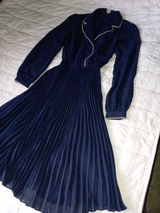 Navy Blue Pleated Midi Dress