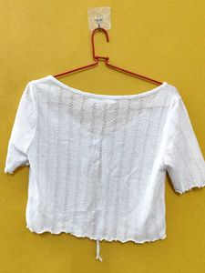 White Cropped Tie-Front Top