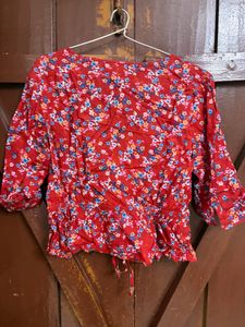 Chic Red Floral Print Peplum Top