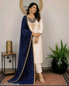 Embroidered White Kurta with Blue Dupatta Set