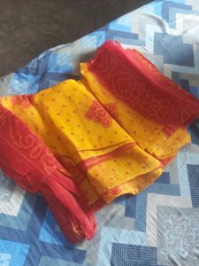 Vibrant Yellow &amp; Red Bandhani Saree