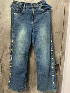 Button Detail Wide Leg Jeans