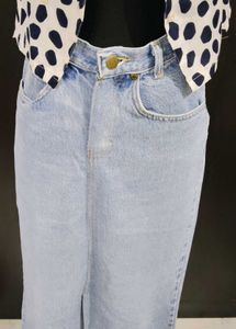Denim Maxi Skirt with Polka Dot Top