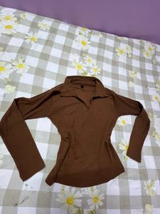 Brown Collared Long Sleeve Top