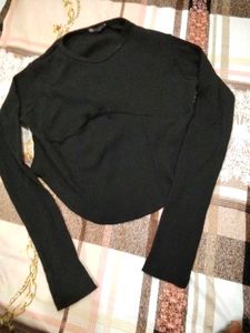 Chic Black Ribbed Long Sleeve Top