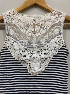 Striped Fitted Top With Embellished Neck Pattern