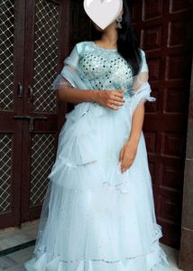 Beautiful Ice Blue Lehanga With Half Flir Dupatta
