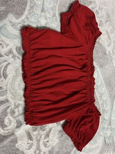 Off-Shoulder Puff Sleeve Red Crop Top(H&amp;M)