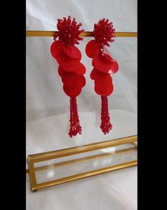 Stunning Red Beaded Tassel Earrings