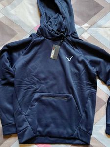 Men Navy Blue Polyester Hoody