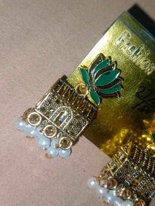 Green Lotus Jhumka Earrings with Pearls