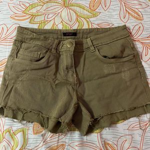 Olive Green Distressed Denim Shorts