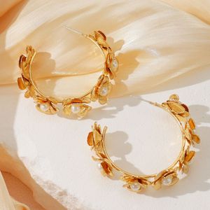 Elegant Gold Floral Pearl Hoop Ea