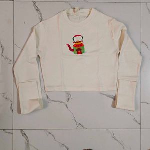Cream Cropped Long Sleeve Top