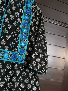 Black Printed Kurta with Blue Embroidery