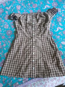 Brown Plaid Off-Shoulder Dress
