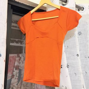 Orange Ribbed Square Neck Top