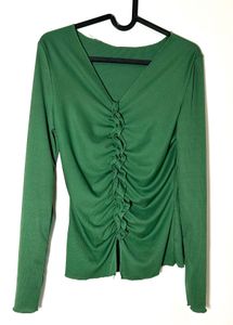 Green Ruched V-Neck Long Sleeve Top