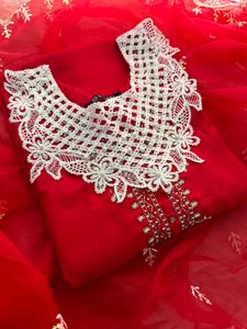 Stunning Red Kurta Set with Intricate Lace