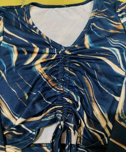 Blue Ruched Front Long Sleeve Crop Top