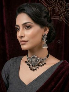 Oxidized Silver Peacock Jhumka Set