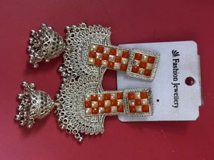 Elegant Silver & Orange Jhumka Earrings