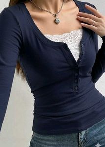 Y2k Henley Ribbed Lace Trim Long Sleeve Top