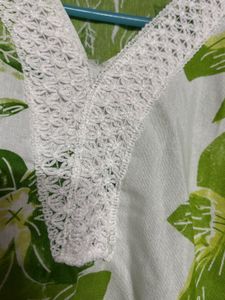 White &amp; Green Floral Print Kurta