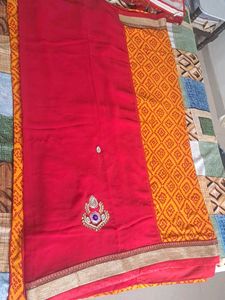 Yellow Bandhni Pallu And Red ♥️ Saree
