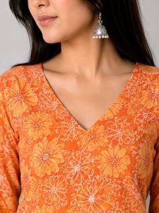 Vibrant Orange Floral Print Kurta_XXL