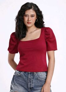 Reddish Maroon Puff Sleeve Square Neck Top