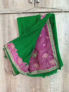GREEN CHIFFON SAREE WITH PiNK EMBROIDERY