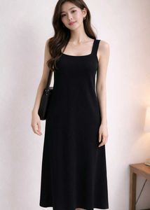 Chic Square Neck Sleeveless Black Midi Dress