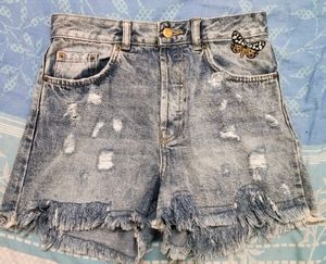 Distressed Denim Shorts with Butterfly Patch