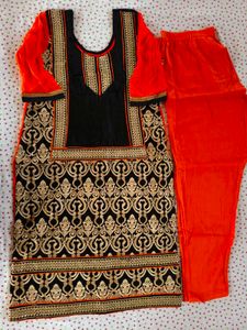 Elegant Black & Orange Embroidered Kurta Set