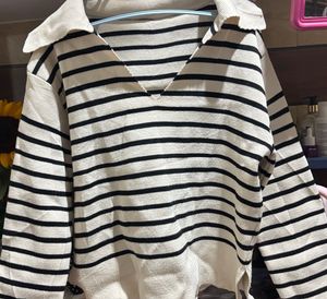 Striped Knit Sweater with Collar