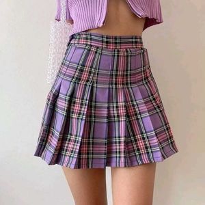 Purple Plaid Pleated Mini Skirt