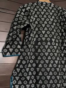 Black Printed Kurta with Blue Embroidery