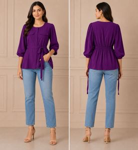 Purple Belted Peplum Top