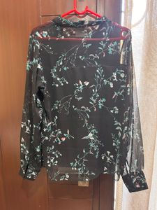 Elegant Floral Print Sheer Sleeve Top