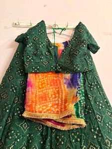 Green Embroidered Lehenga with Colorful Dupatta