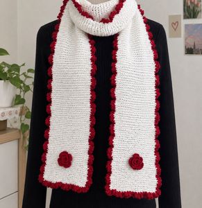 Cream Scarf with Red Trim &amp; Roses