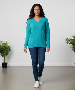 Stylish Blue V-Neck Cable Knit Sweater